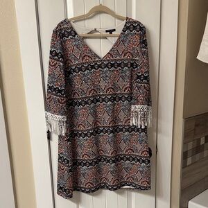 Bohemian V-Neck Dress with Fringe Sleeves